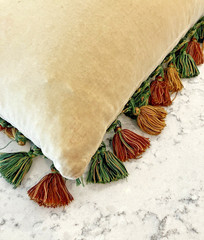 Vintage Handmade Wool Needlepoint Pillow Flowers Tassel Fringe Velvet 21″ x 11″