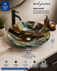 WASAUNA Tempered Glass Vessel Bathroom Sink Collection RARE
