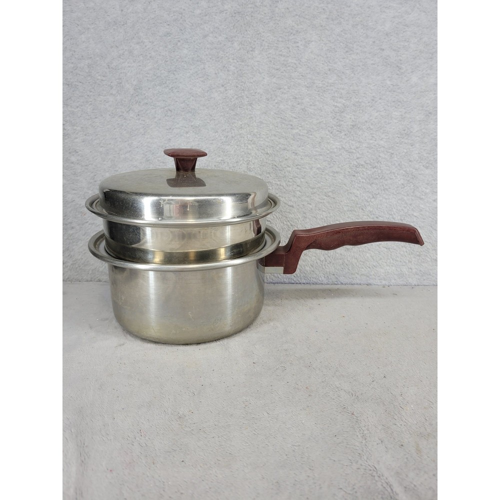 Vintage FlavorSeal Stainless Steel 3 Piece Double Boiler Set Brown Handles