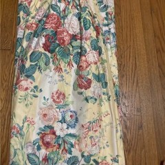 Custom-made vintage yellow-and-white floral stripe pinch-pleated curtains and va