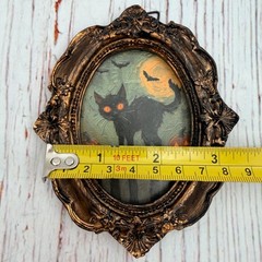 Vintage Style Halloween Black Cat Art Ornate Bronze Resin Frame 4.25in Mini