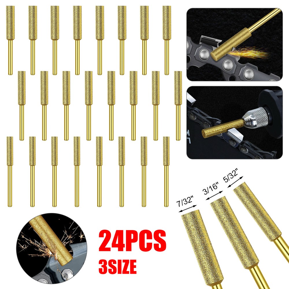24Pcs 3/16″ 7/32″ Diamond Chainsaw Sharpener Burr Grinding Stone File 1/8″ Shank