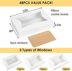48pcs Bakery Boxes,12x8x2.5 Inches Cookie Boxes with 3 Style Window for Choco…