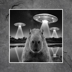 Capybara sticker vinyl decal ufo spaceship abduction surreal funny weird art