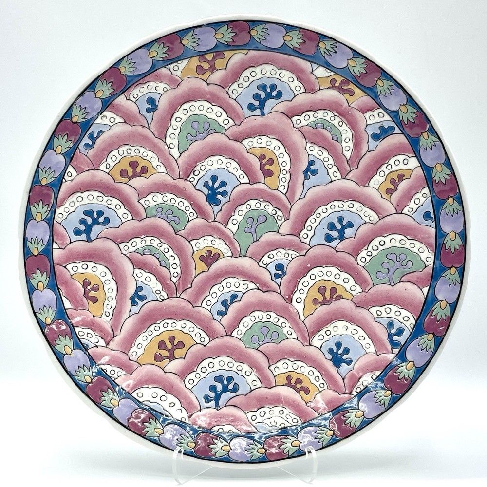 Hand-Painted Porcelain Plate Pink Seigaiha Wave Motif Decorative Chinoiserie Art