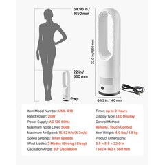 Uimoso Bladeless Tower Fan with Remote, 80° Oscillation, 8 Speeds, White