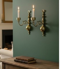 Vintage Solid Brass Wall Sconce Candle Holders Pair Polished Gold Spindle 12.5in