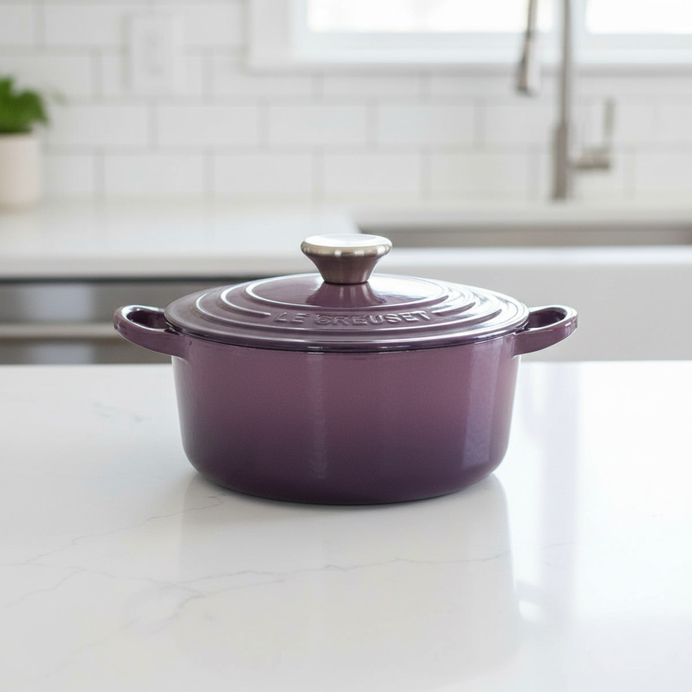 Le Creuset Cocotte Ronde 24cm Fig Cast Iron Silver knob France 4.2L New