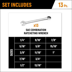 SAE 72-Tooth Combination Ratcheting Wrench Tool Open-End Set (13-Piece)