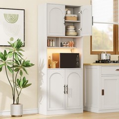 71″ Tall Pantry Cabinet w/LED Lights ,Kitchen Storage Hutch with Microwave Stand
