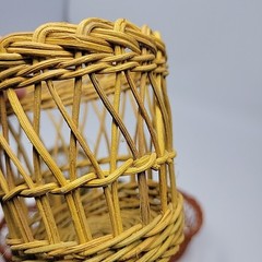 6 Vintage Boho Wicker Rattan Cup Glass Holders Handles Garden Party 3.25” Tiki