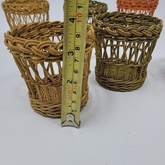 6 Vintage Boho Wicker Rattan Cup Glass Holders Handles Garden Party 3.25” Tiki