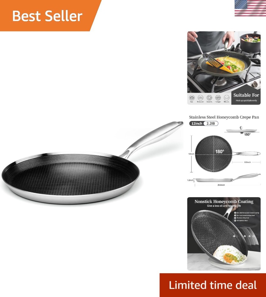 Stainless Steel Crepe Pan – 12 Inch Nonstick Crepe Pan, Stainless Steel Honey…
