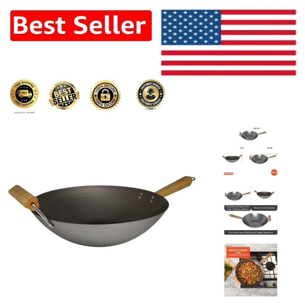 14in Lightweight Carbon Steel Wok with Natural Non-Stick Finish & Wood Handles