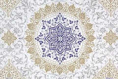 Floral Medallion Fabric Shower Curtain Geo Design Purple Golden Tan Silver White