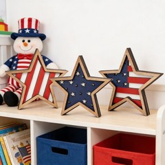 3Pcs Patriotic Wooden Star Decor American Flag Tabletop Ornament for 4th of July