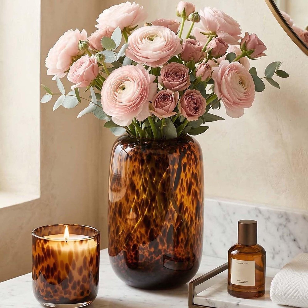 10.3in Amber Vase,Tortoise Shell Decor,Brown Glass,Round Art,Modern Clear Gla…
