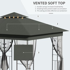 10′ x 10′ Outdoor Patio Gazebo Canopy Roof Steel Frame w/ Mesh Sidewalls, Grey