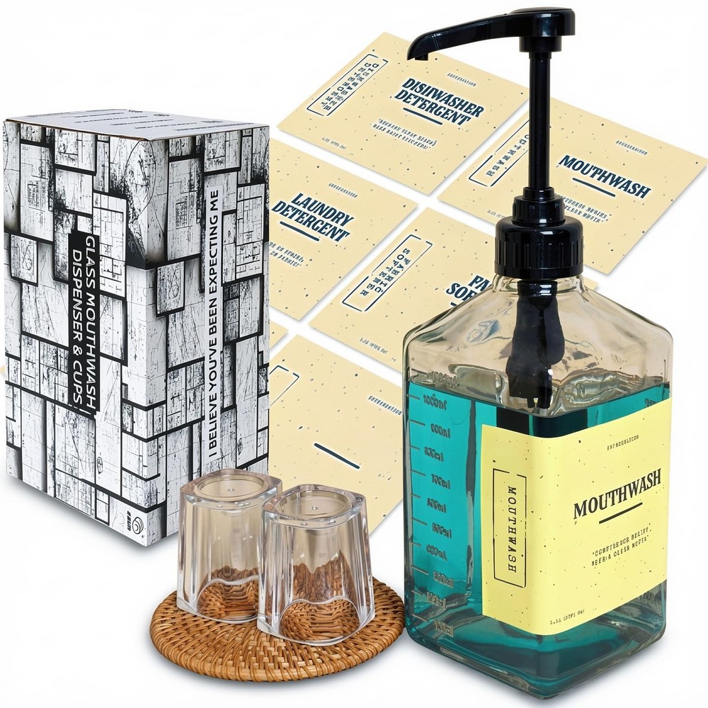 37oz Glass Mouthwash Dispenser Pump with Reusable Cup – Bathroom & Kitchen Holde