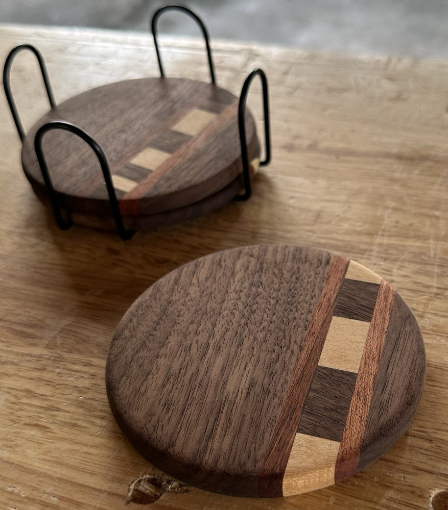 Handmade Walnut Coaster Set of 3 | Rosewood & Maple Inlay | Solid Hardwood