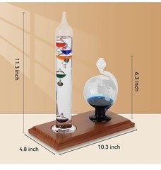 Glass Indoor Weather Station Thermometer Barometer, 11.3×10.3×4.8in, Wood Base