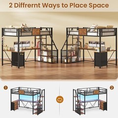 Stairway Twin Size Loft Bed with L Shaped Desk & Wardrobe, Metal Loft Bed Frame