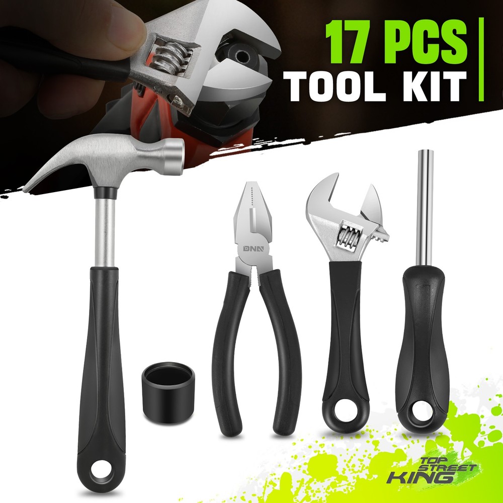 17Pc 12oz Rubber Face Hammer Adjustable Wrench Combination Plier Home Tool Kit