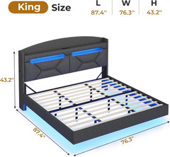King Size Floating Bed Frame with Power Outlet, Storage Headboard with Hidden Cu