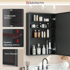 KeonJinn 36″ W x 32″ H Rectangular Beveled Metal Black Medicine Cabinet