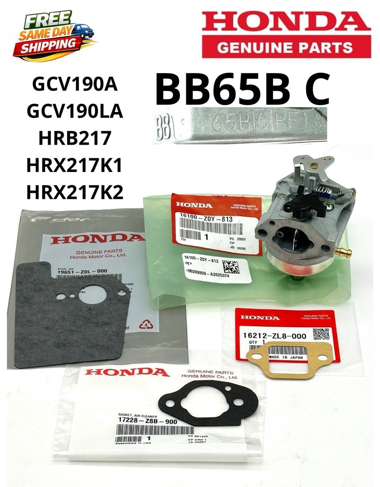 Honda OEM Engine Carburetor BB65B C Manual Choke 16100-Z0Y-813 Gaskets HRX217