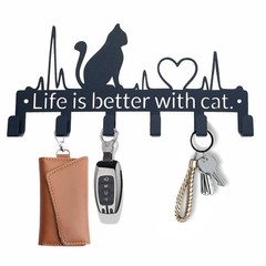 9.8 In Black Cute Cat Key Holder Wall Mount 6 Hooks Organizer Rustproof