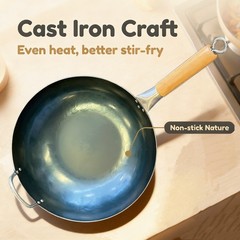 13.5″ Carbon Steel Flat Bottom Wok Hand Hammered,Pre-Seasoned,Works on All Stove