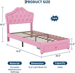 Twin Size Upholstered Bed Frame w/ Storage Drawer & LED Headboard for Kids/Girls