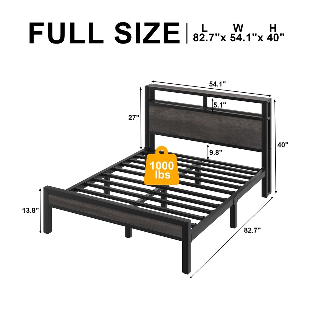 Full/Queen/King Metal Bed Frame with Storage Headboard and Charging Station