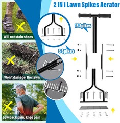 Lawn Aerator, Lawn Spike Aerator Manual Tool with 15 Pieces Solid Steel Spikes