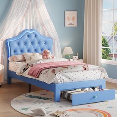 Twin Size Upholstered Bed Frame w/ Storage Drawer & LED Headboard for Kids/Girls