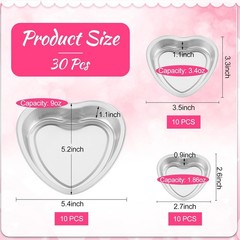 30 Pack Heart Shaped Cake Pans 9 oz, 3.4 and 1.86 oz Aluminum Heart Shaped Foil