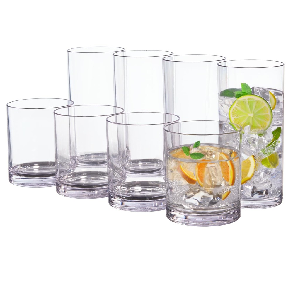 Classic Clear Plastic Reusable Drinking Glasses (Set of 8) 12Oz Rocks & 16Oz Wat