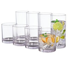 Classic Clear Plastic Reusable Drinking Glasses (Set of 8) 12Oz Rocks & 16Oz Wat