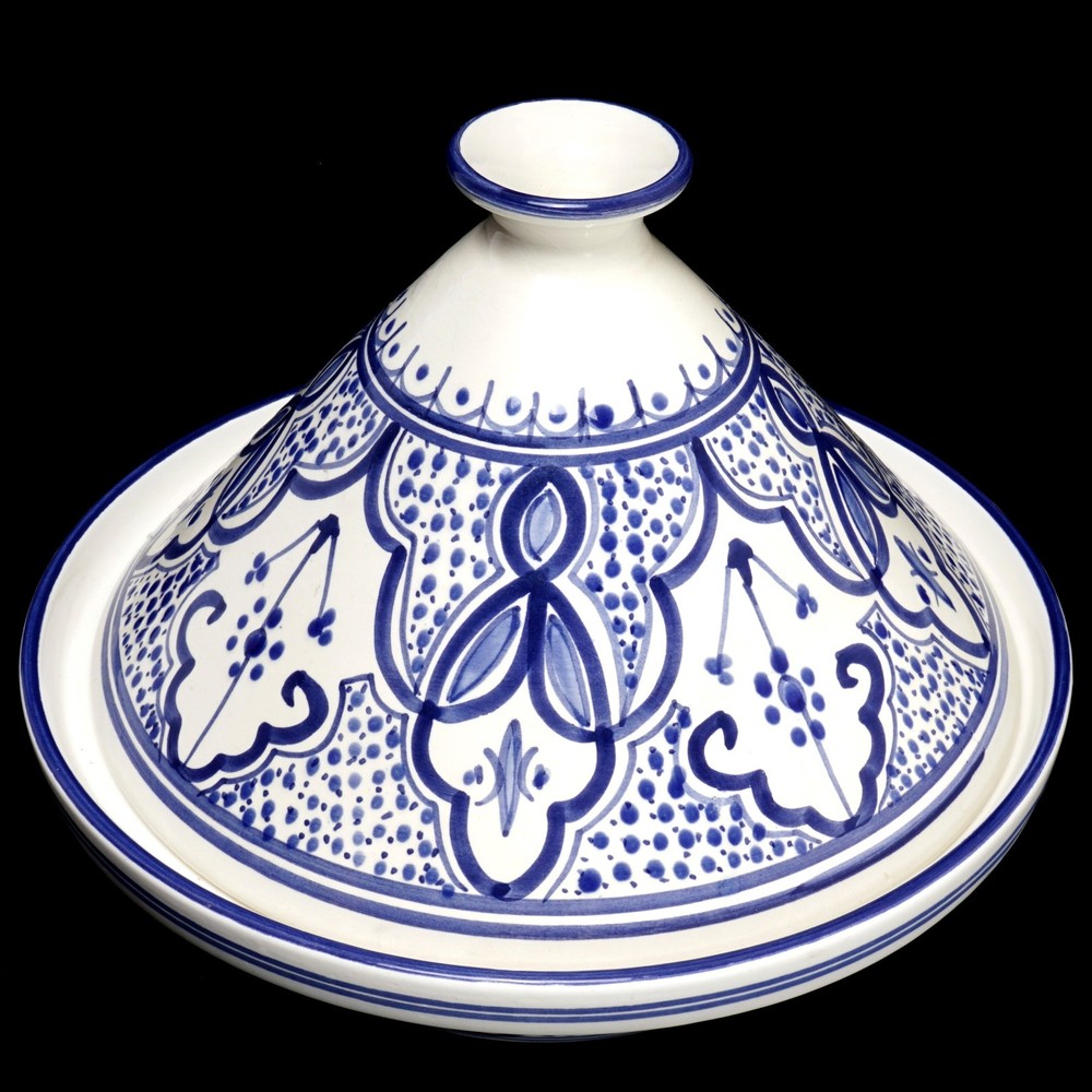 TAGINE Hand Painted Blue on White Tunisian Cooking Pot 48 Oz. 11″ 2-4 Servings