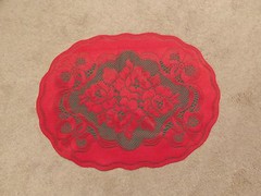 Lace Table Doily/Placemat Green w Red Roses & Bows set of 2
