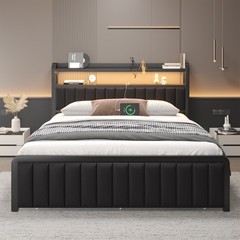 Full Queen LED Bed Frame with Charging Station&Upholstered Storage Headboard