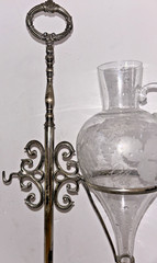 Vintage Wine Dispenser/Aerator – Etched Crystal – Iron & Silver Plate – Nice