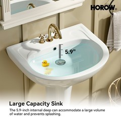 HOROW 22×19 Inch U-Shape Pedestal Sink,White Ceramic Bathroom Sink with Overflow