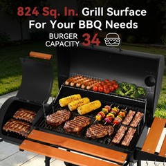 Royal Gourmet Charcoal Grill with Offset Smoker,Side Table and Front Table,Black