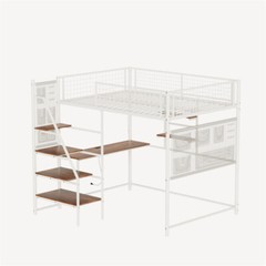Full Size Metal Loft Bed with Desk,Storage Shelves & LED Light for Teens Adults