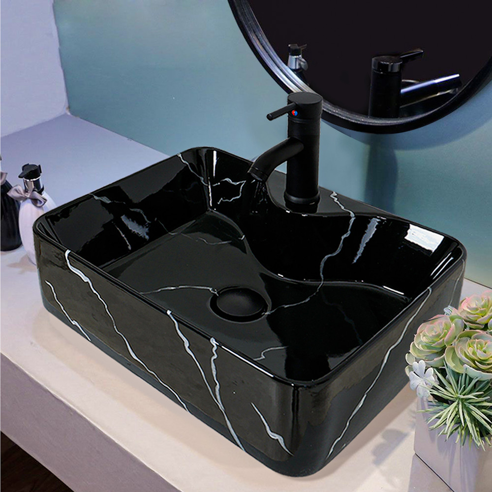 ELECWISH Bathroom Vessel Sink Black Ceramic Vanity Basin Bowl Faucet Drain Combo