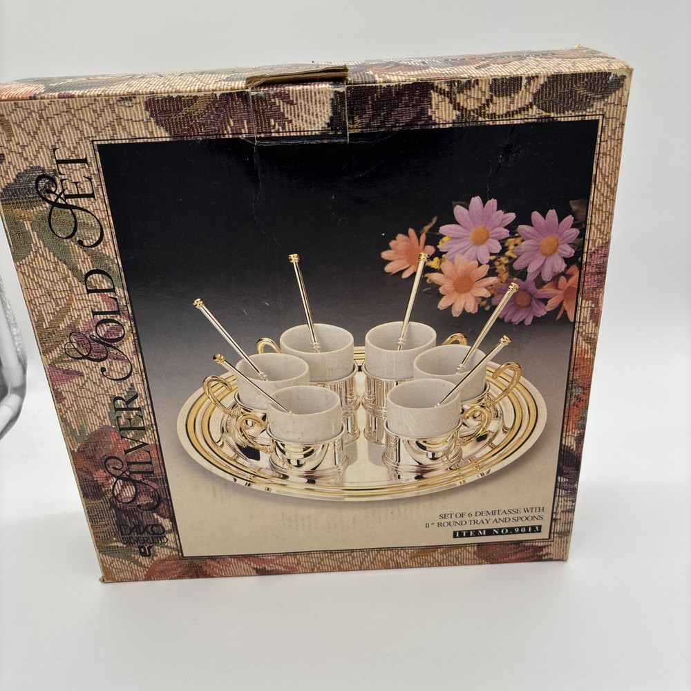 Vintage Davco Silver Gold Espresso Cups Demitasse w/11″ Round Tray And Spoons