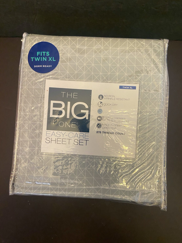 The Big One Easy Care Sheet Set Twin XL Dorm Size Gray Color and Gridlock Design
