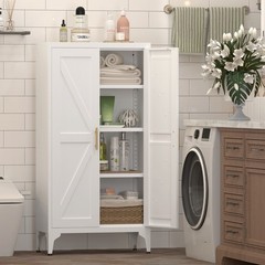47”H White Metal Pantry Storage Cabinets with Doors and Adjustable Shelves